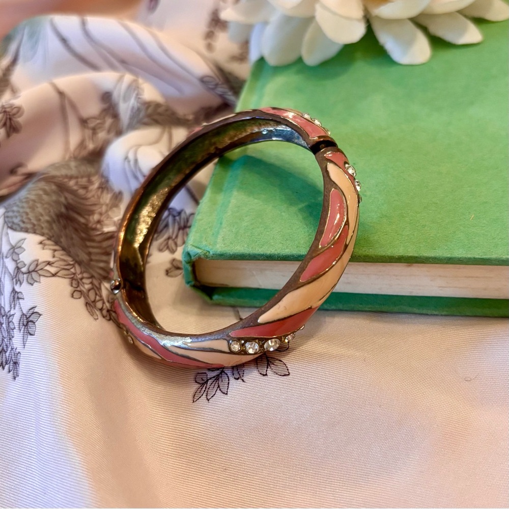 Vintage Pink and Gold Enamel and Rhinestone Clamper Bracelet